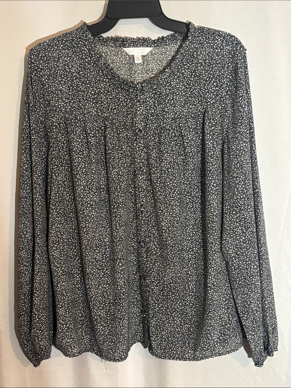 LC Black White Ditsy Floral Peasant Blouse Long Sleeve Button Front Top XL